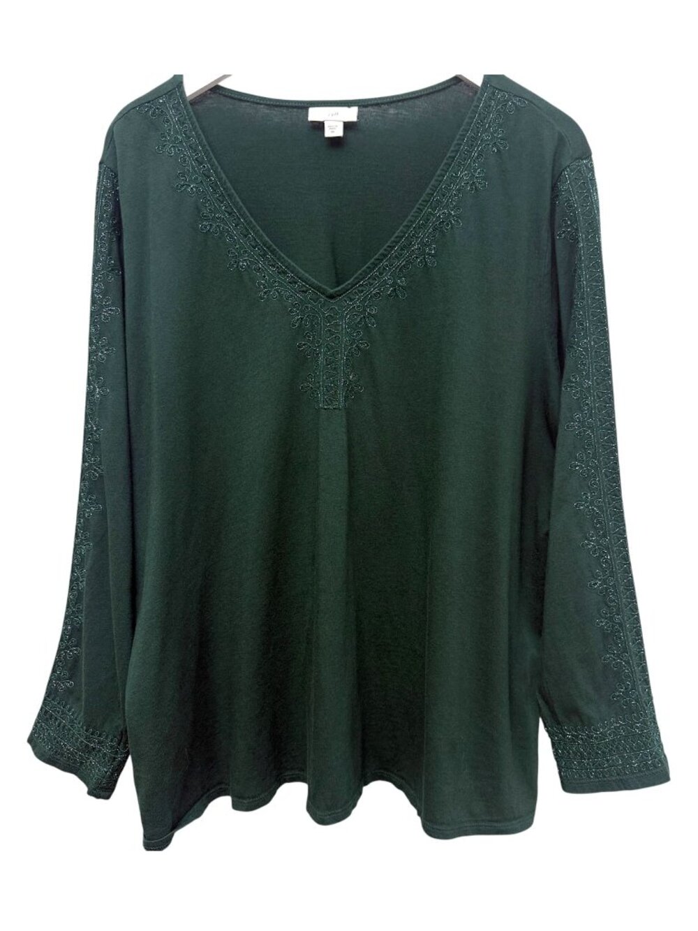 J JILL Embroidered Tee Womens Plus Size 2X Green Long Sleeve V Neck Boho Top